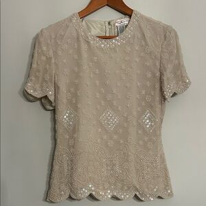 Talbots Ivory Beaded Short Sleeve Blouse
